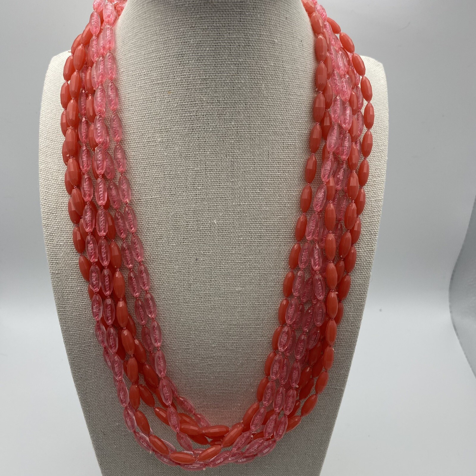Retro Pink & Coral Multi-Strand Beaded Statement Necklace Jewelry Vintage