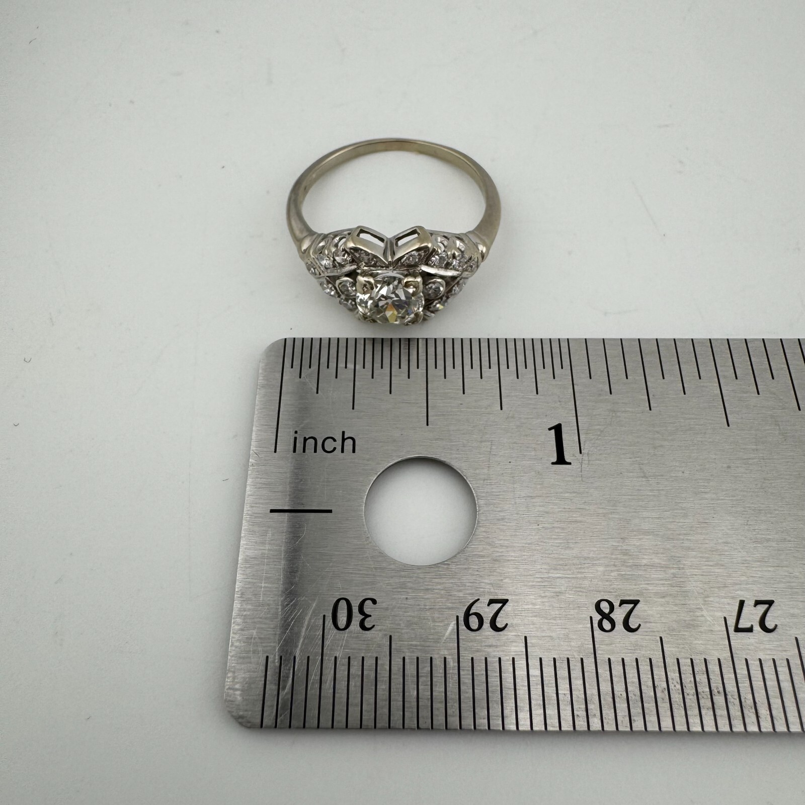 Vintage Art Deco Era 14K White Gold Old European Cut Diamond Ring 0.76ct Center