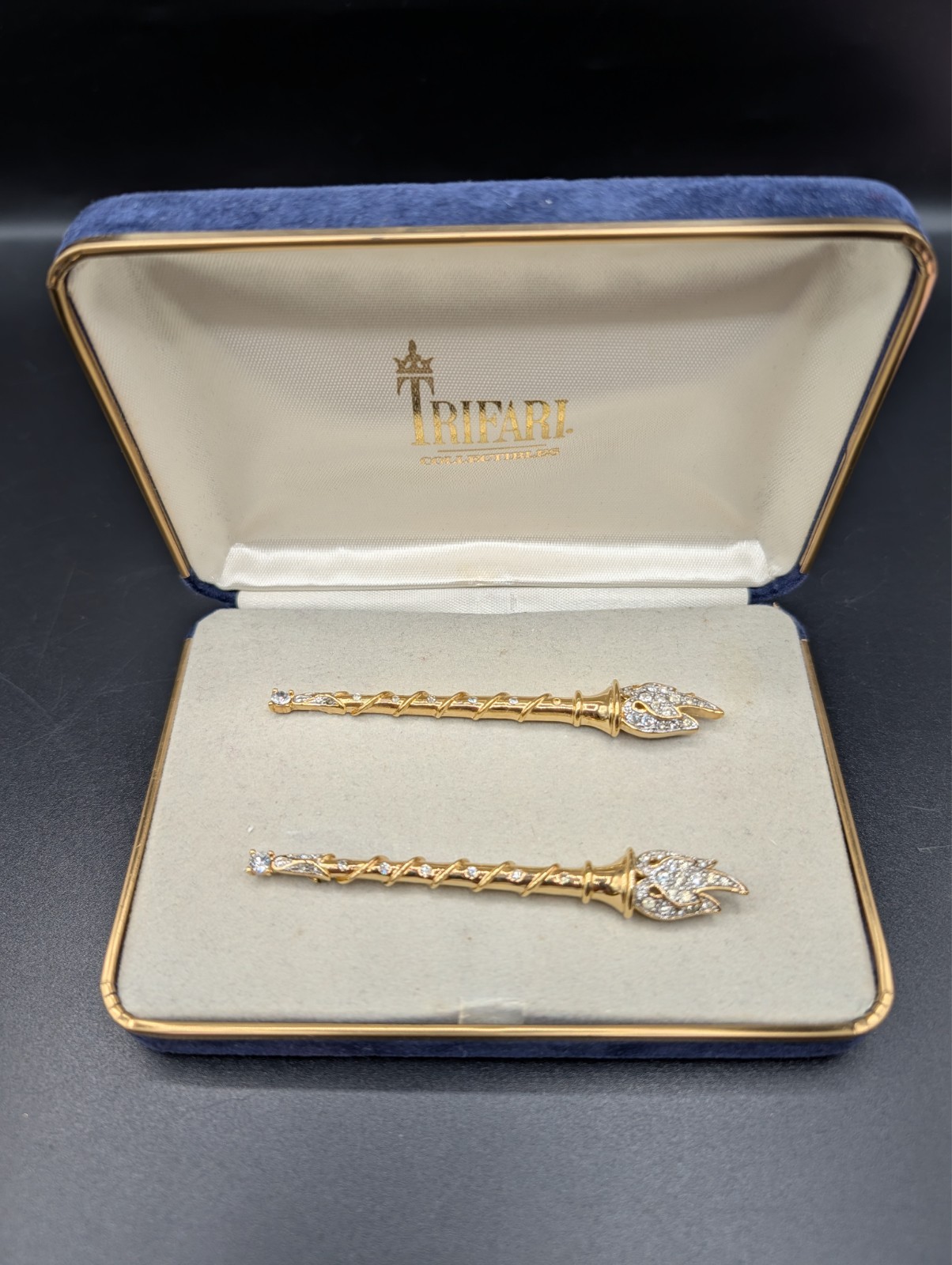 Vintage Trifari Collectibles Twin Torch Brooches Missing One Rhinestone