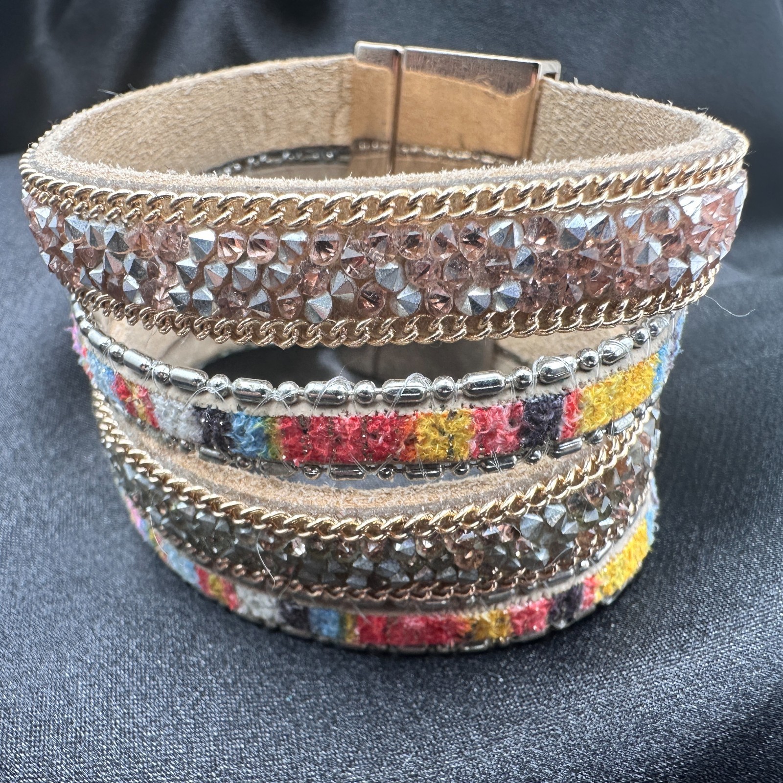 Vintage 90s Multi-Strand Wrap Bracelet Glass Fabric Statement Fashion Jewelry