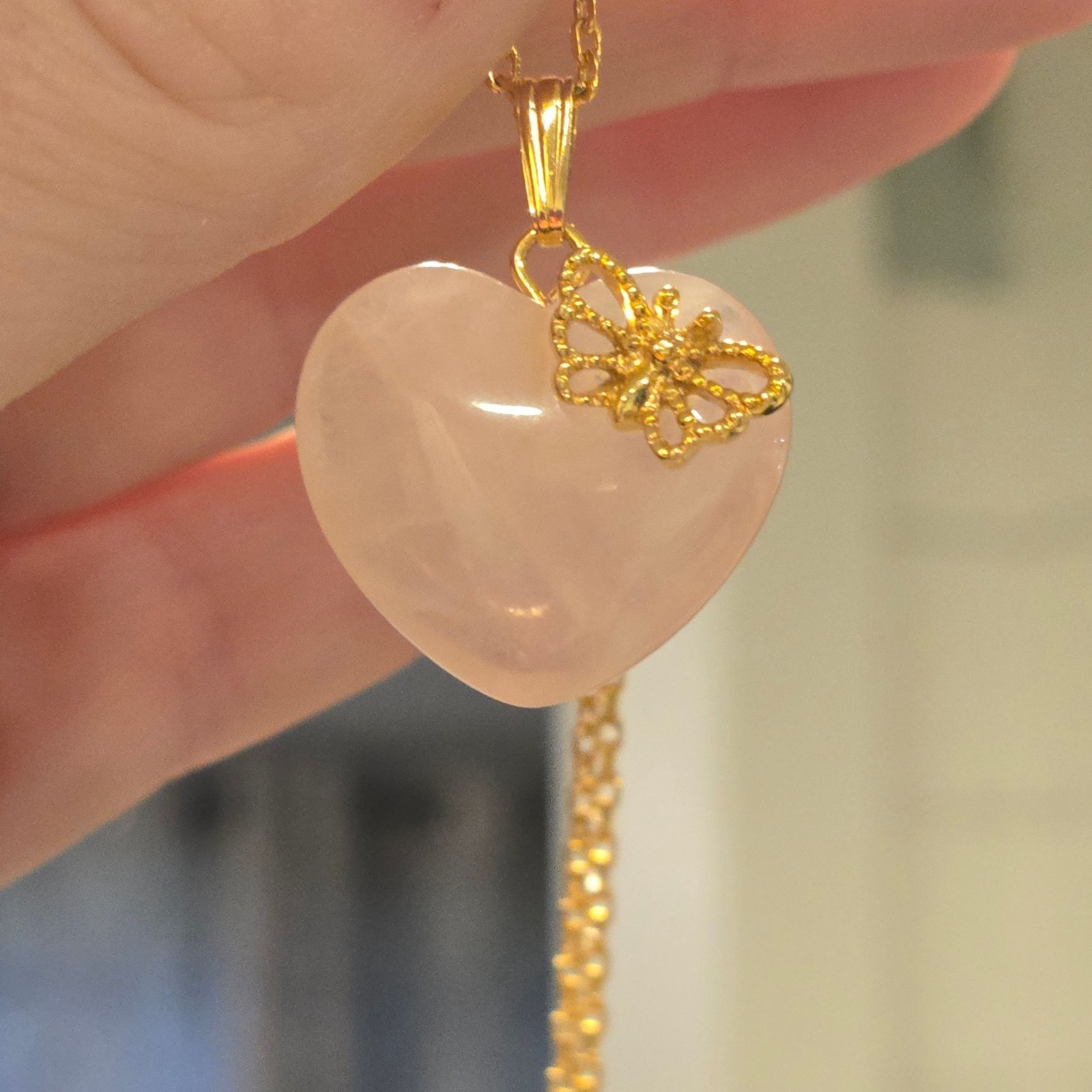 Vintage Avon Rose Quartz Heart Butterfly Pendant Necklace Gold Tone pink Gem