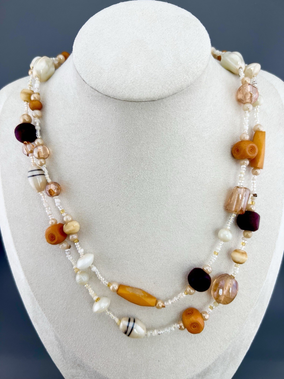 Vintage Necklace Art Glass Beaded Cream Orange White Brown 37”