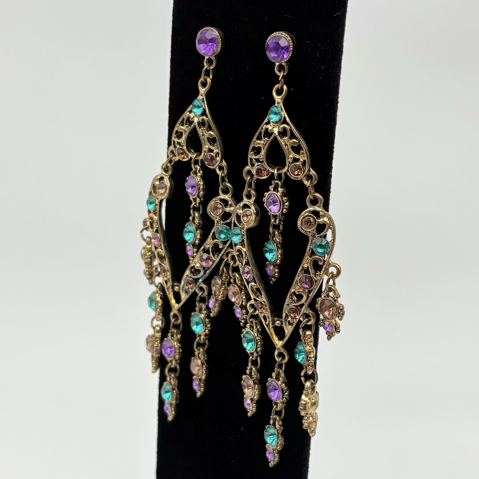 Long Vintage Dangle Drop Post Gold Tone Earrings Teal Purple Brown Rhinestones