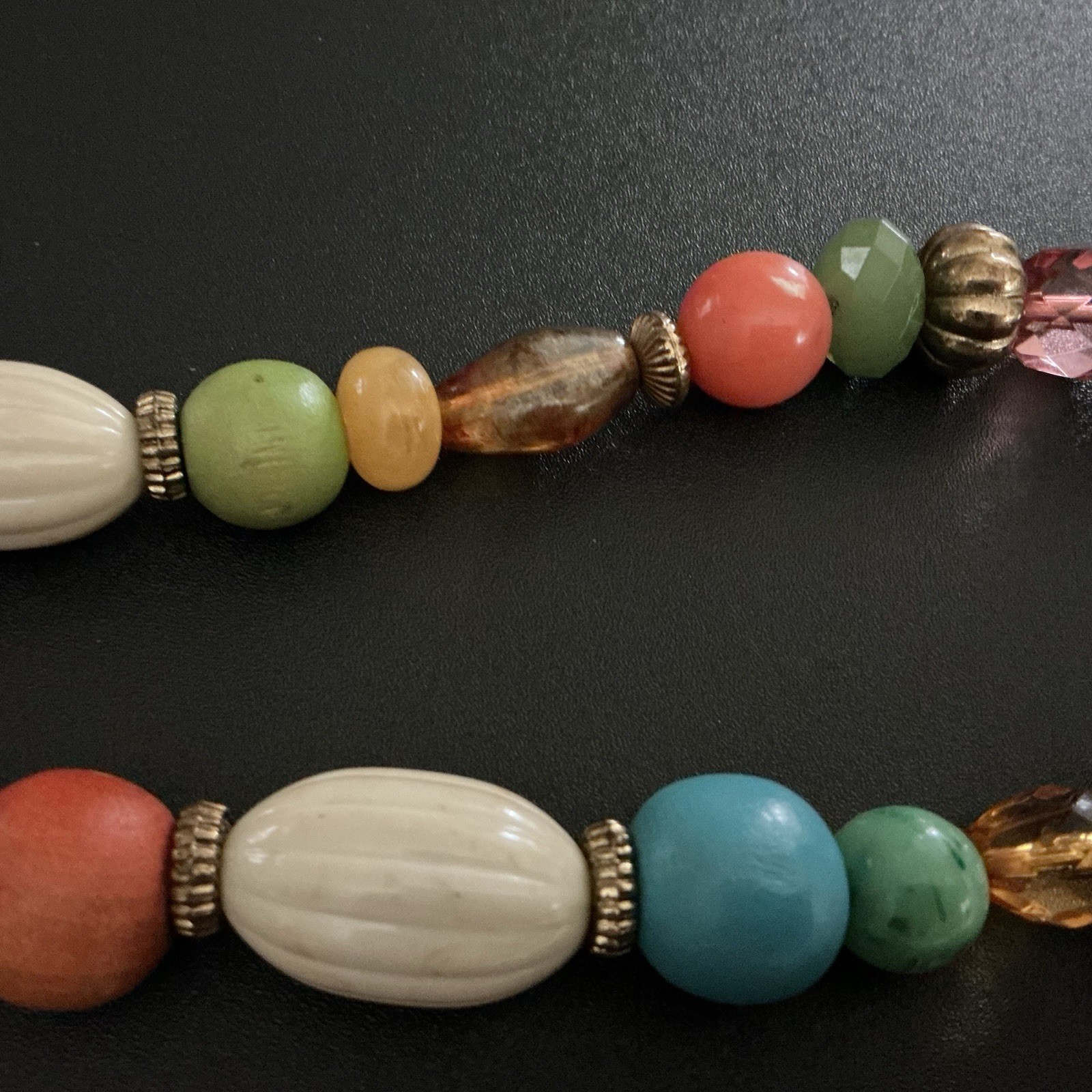 Vtg Necklace 28” Mixed Media Eclectic Beads Glass,Lucite,marble 80s Bohemian