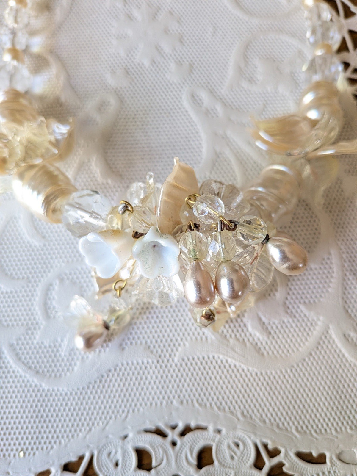 Vintage Venetian Necklace Clear, White, & Faux Pearl Flower Bead Art Glass 17″
