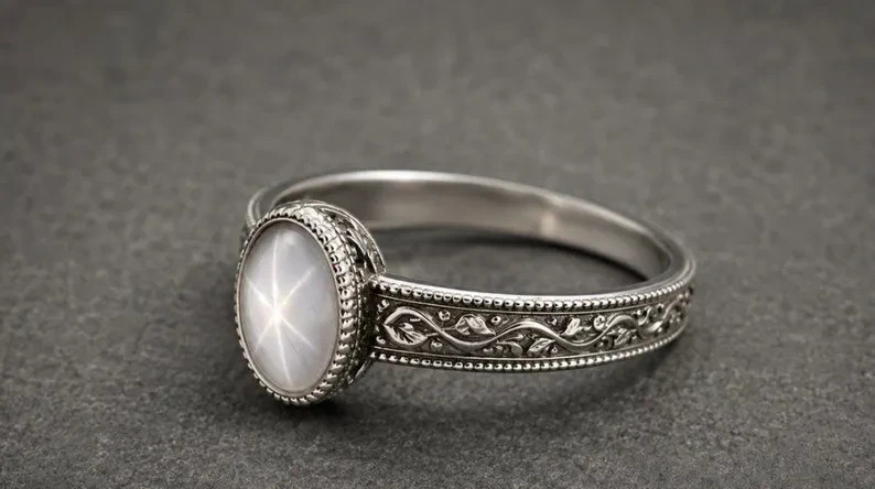 Natural White Star Sapphire Ring 925 Sterling Silver Vintage Ring