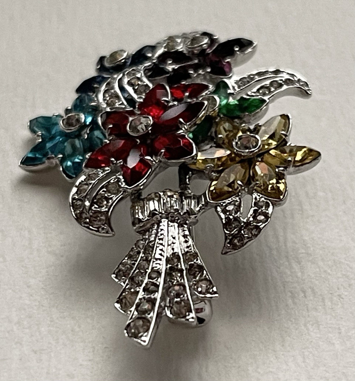 Vintage OTIS Sterling Silver Multicolor Rhinestone Floral Bouquet Pin Brooch
