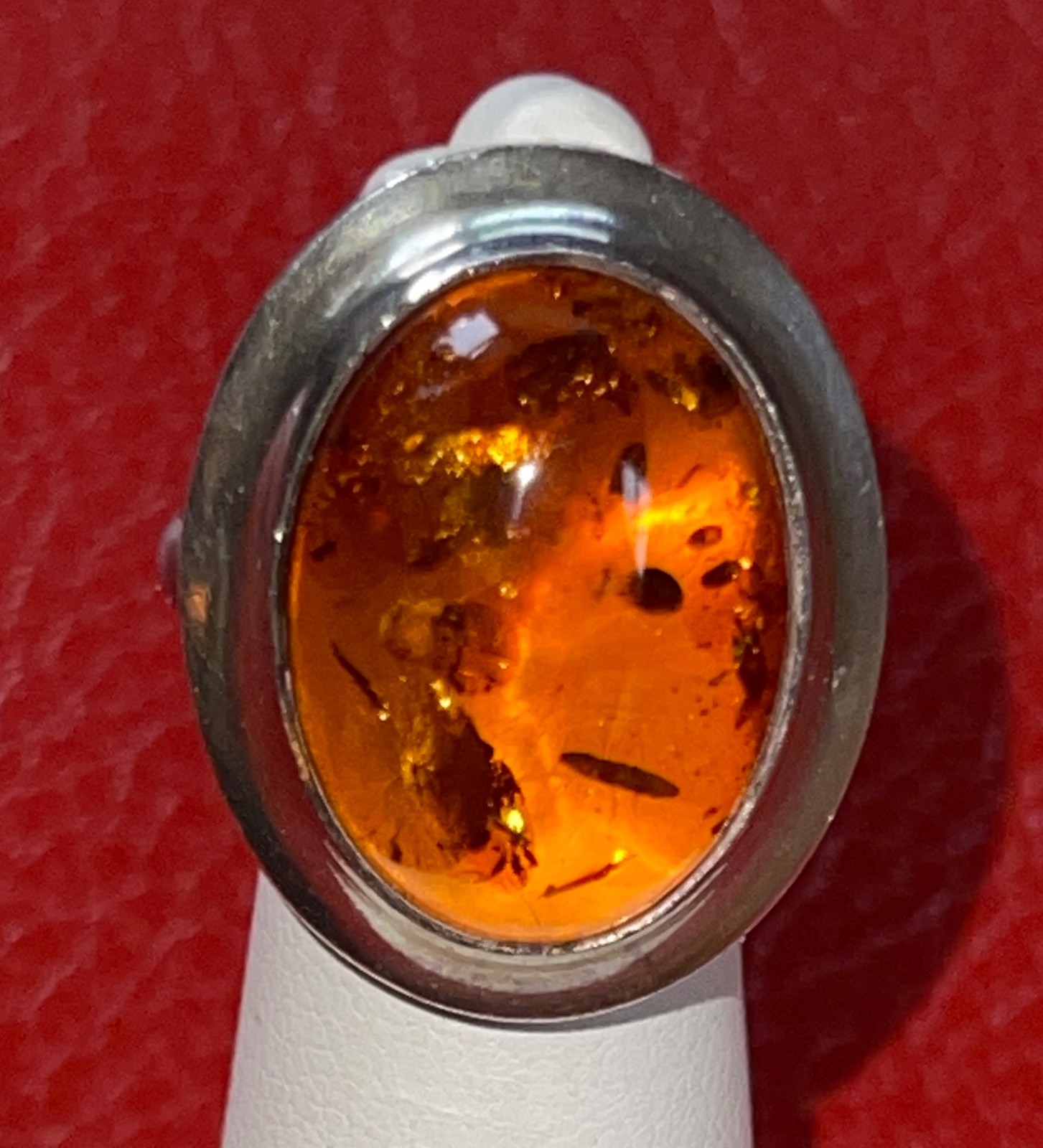 Amber Huge Stone Ring Size 2 Vintage 1980’s Fab Inclusions GLOWS! Unmarked