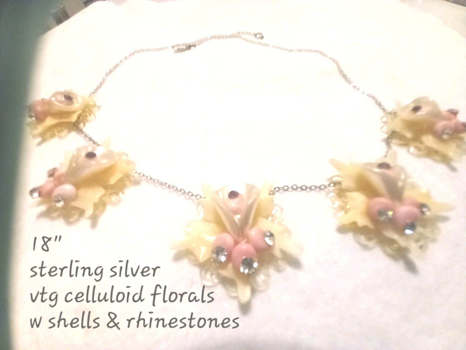 Vintage Necklace Shell Celluloid Rhinestone Floral Cluster 925 Sterling Silver