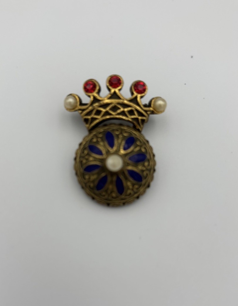 Vintage Crown Brooch with Pearl, Enamel & Gold Blue Red White Signed “Coro”