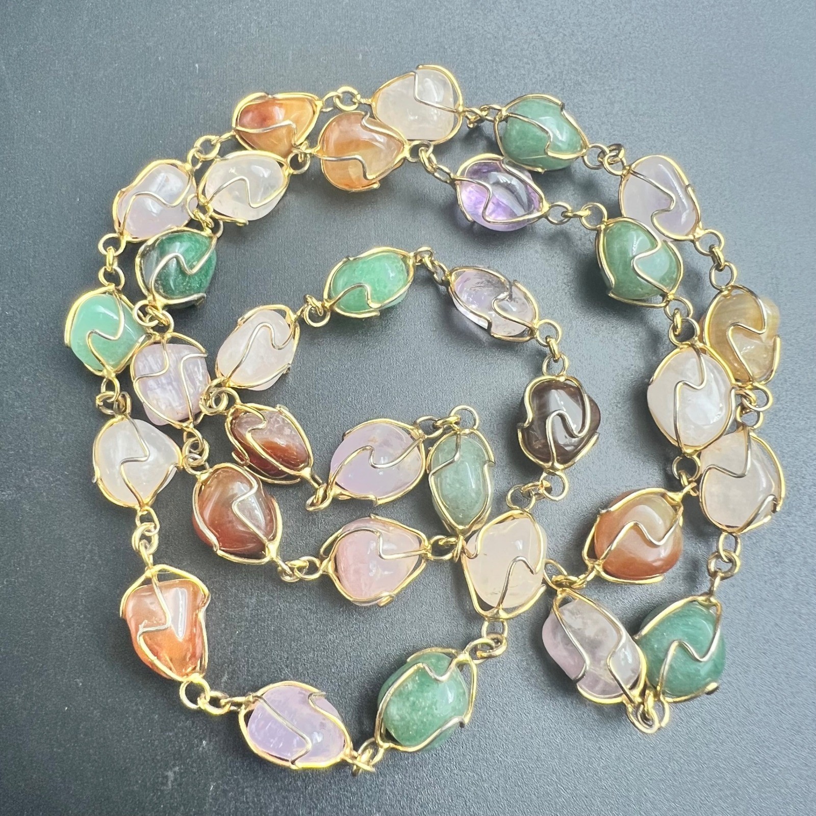 Multi Color Tumbled Stone Wire Wrapped Cage Link Necklace 18″ Vintage 1990s