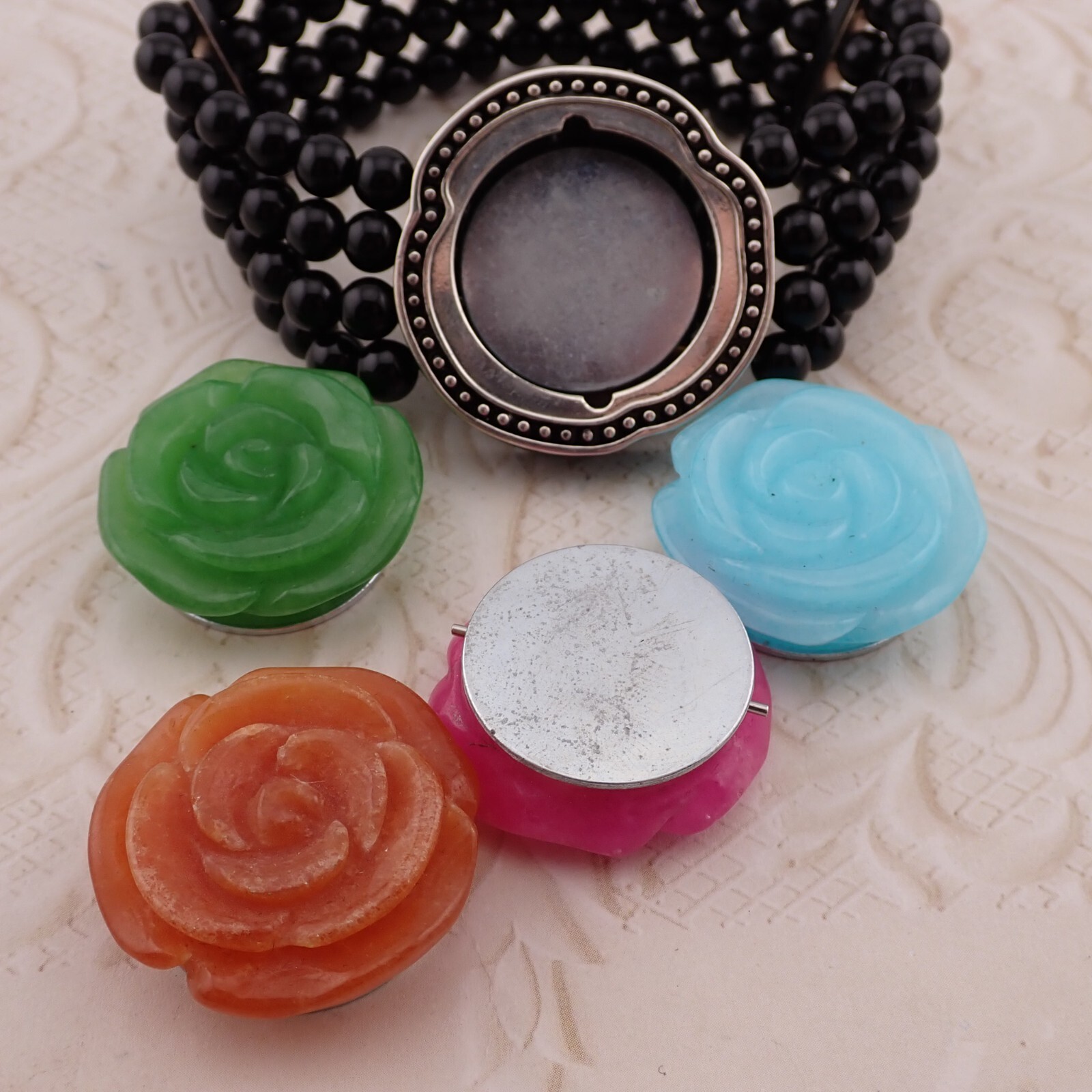1990’s HSN Black Onyx Quartz Carved Rose 4 in 1 Magnet Interchangable Bracelet