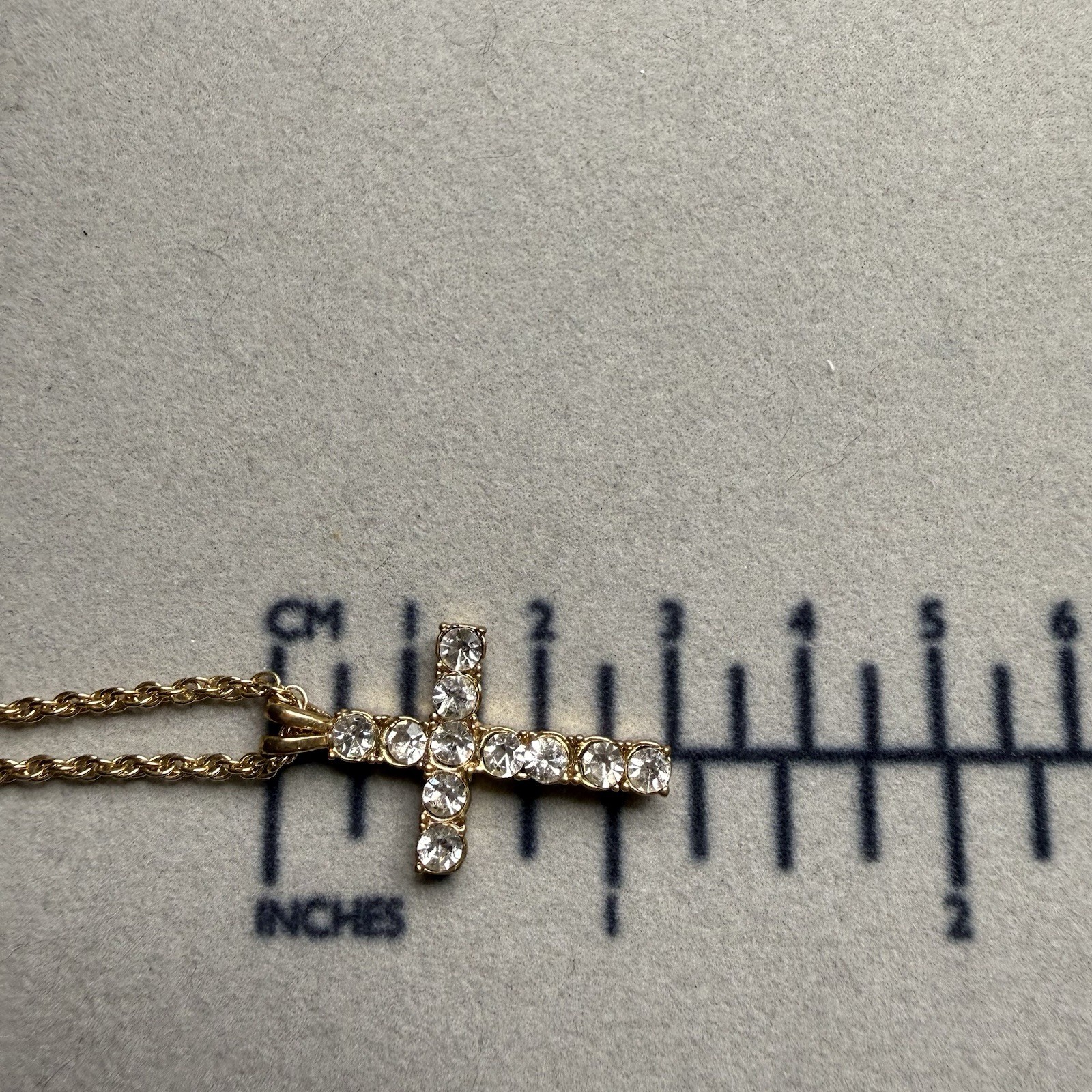 Vintage Gold Tone Cross Pendant Round Crystal Rhinestone Necklace Christian Gift