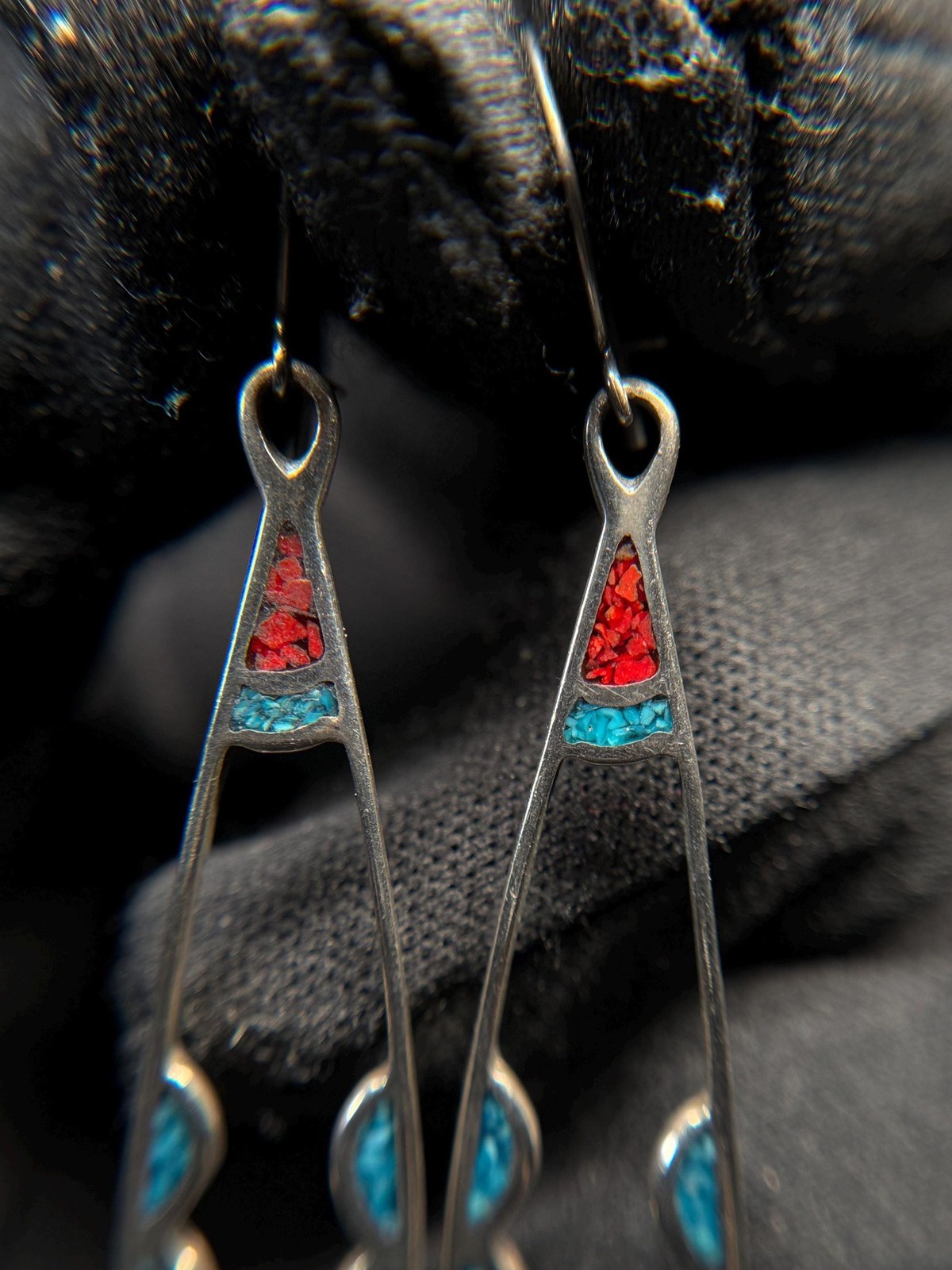Southwestern Sterling Silver Turquoise Coral Inlay Drop Earrings