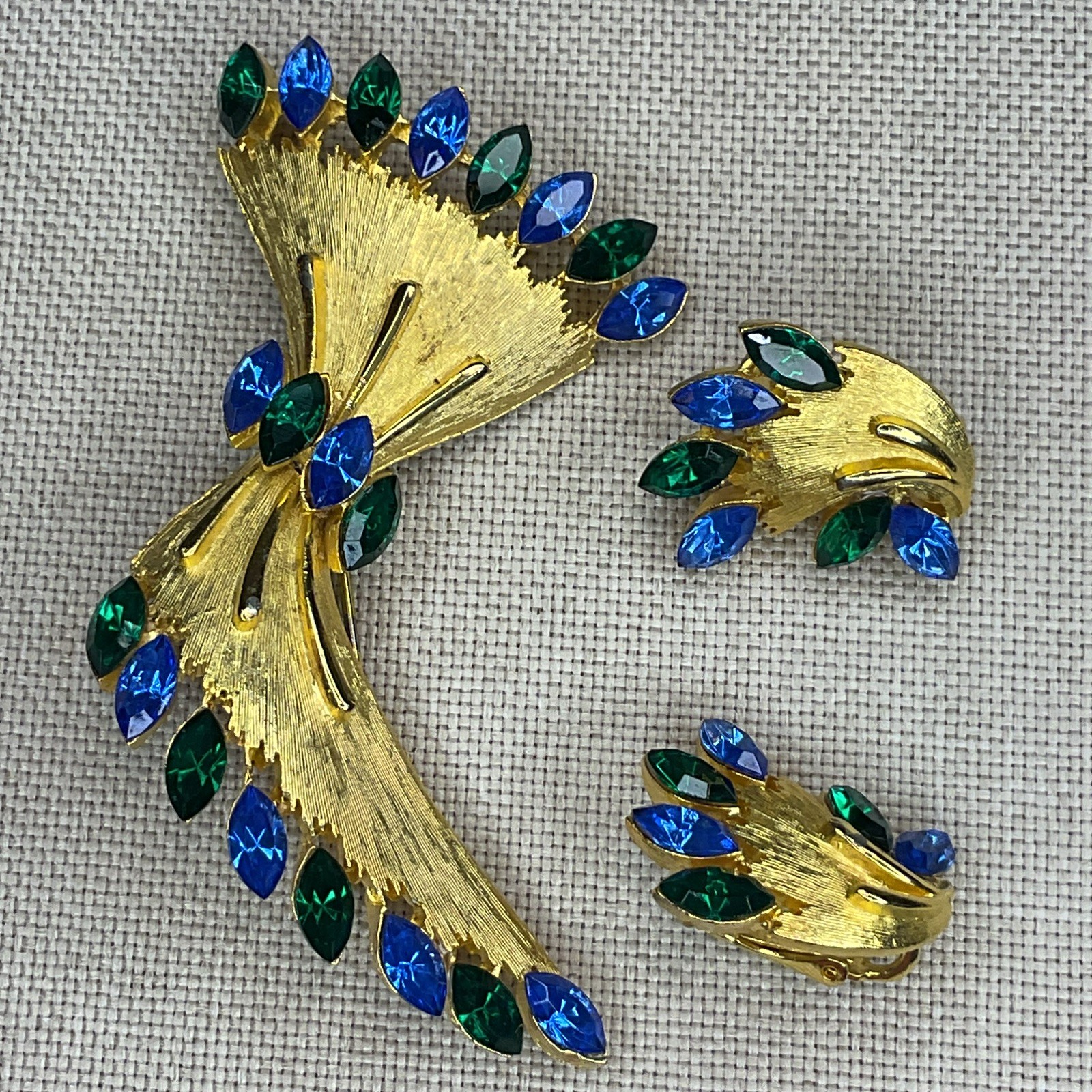 Vintage Signed JJ Brooch Pin Clip Earrings Set Gold Tone Navette Rhinestones