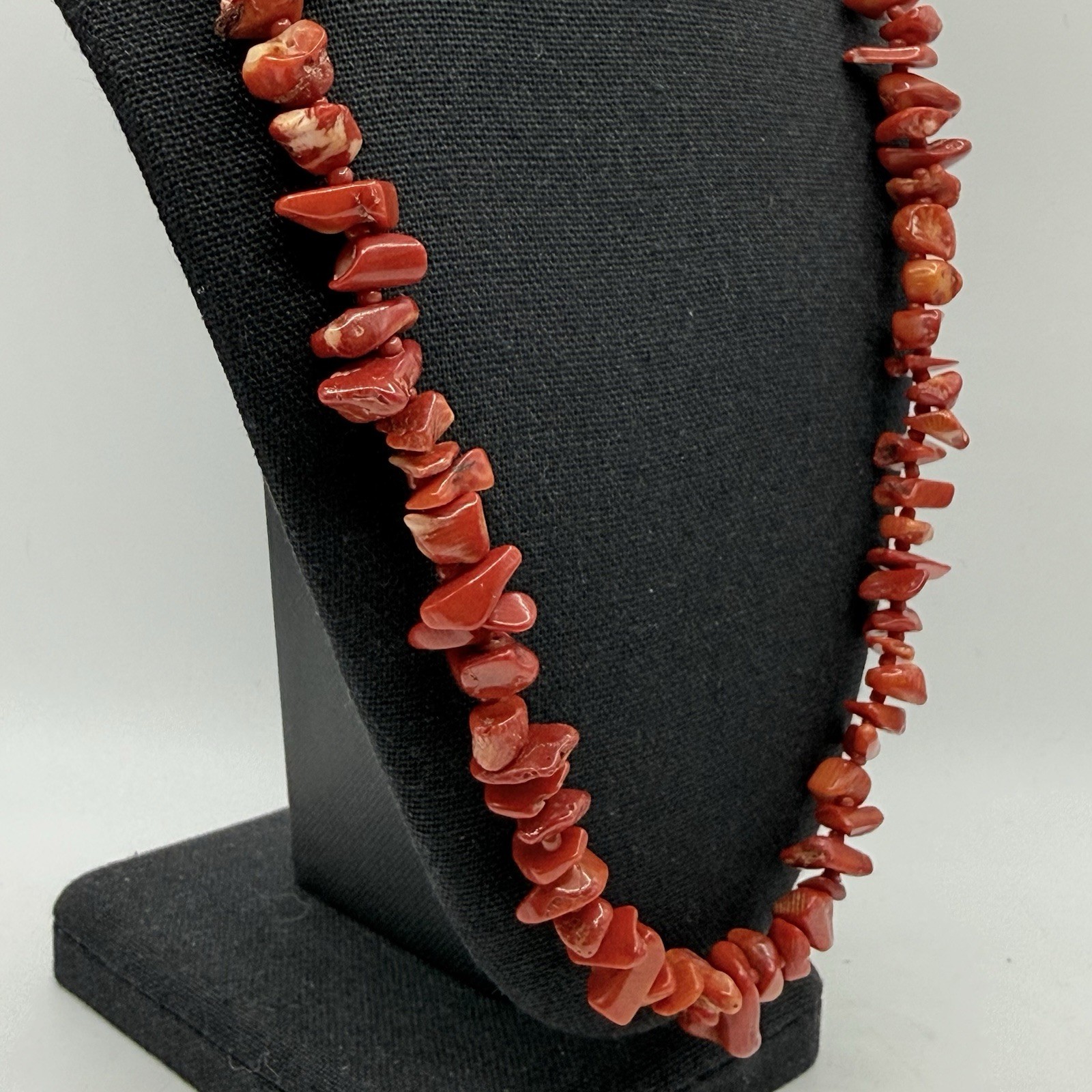 Genuine Natural Nugget Red Coral Bead necklace 22” Silver tone Clasp