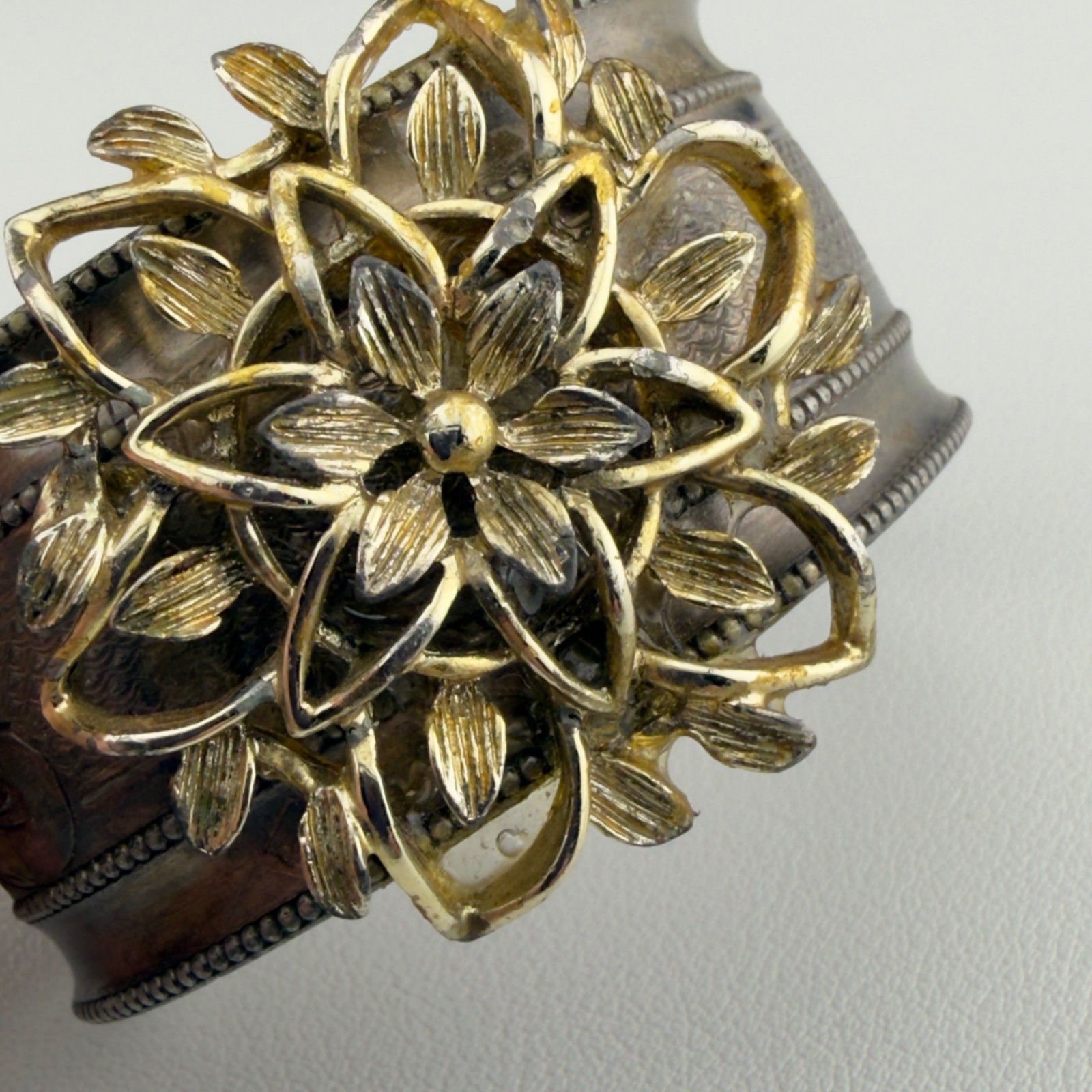 Vintage Cuff Statement Bracelet Aged Gold Tone Flower Silver Tone Patina Wide