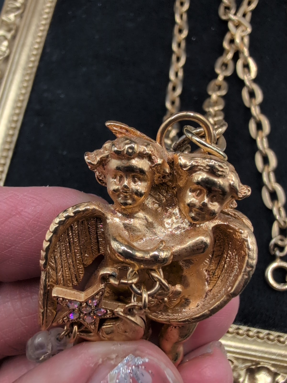 Vintage Kirks Folly Double Cherub WithStar Charm Necklace Gold Tone