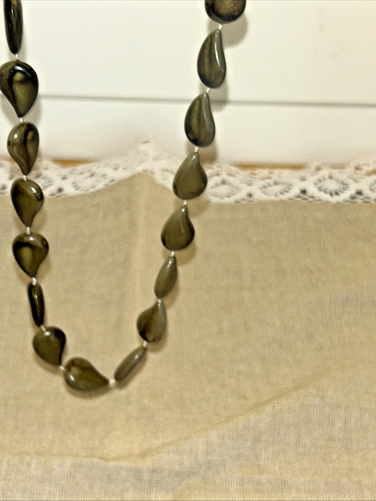 Vintage Faux Stone Teardrop Shaped Bead Necklace Earth Gray Green Black