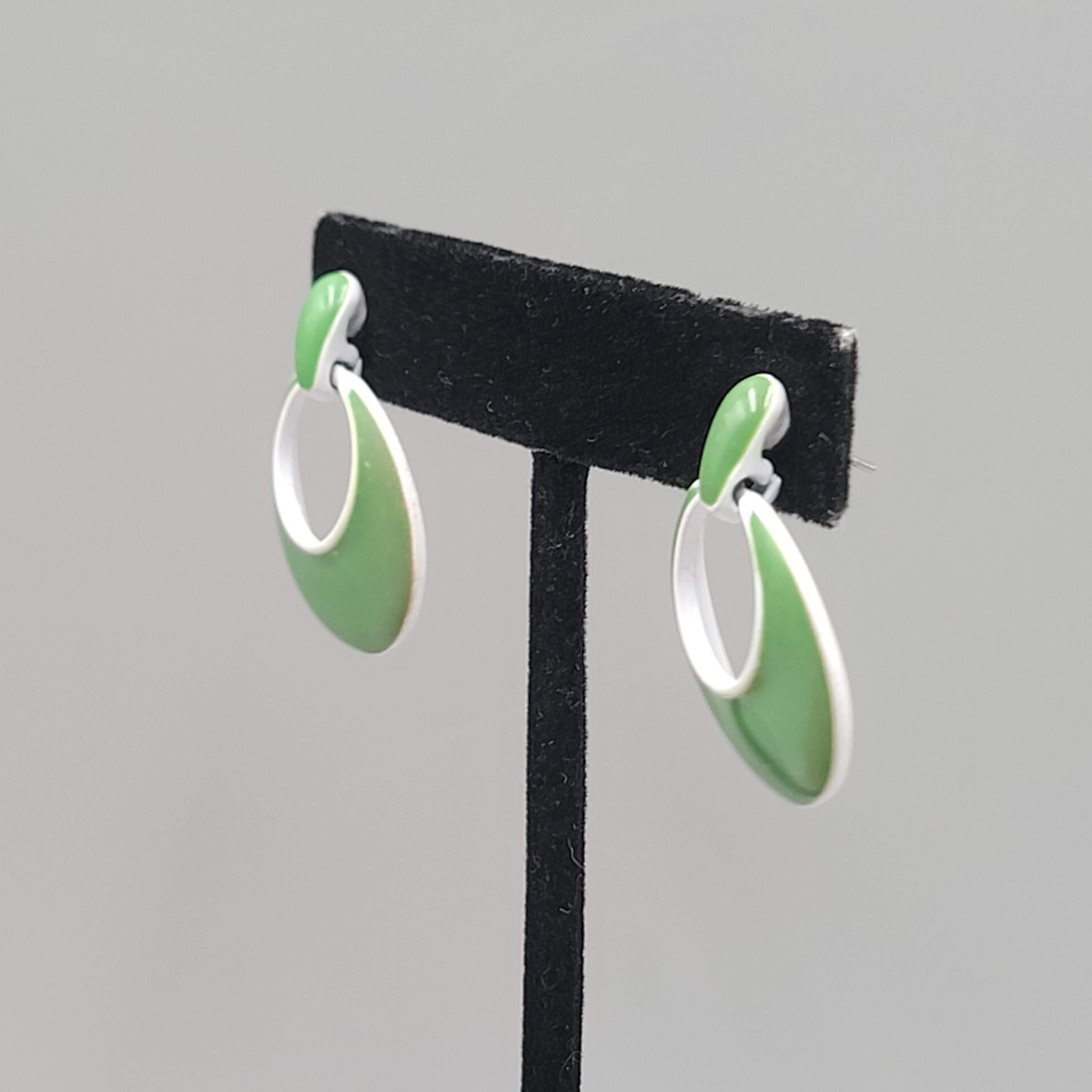 Vintage Green White Enamel Door KNocker Pierced Earrings Drop 1.25″