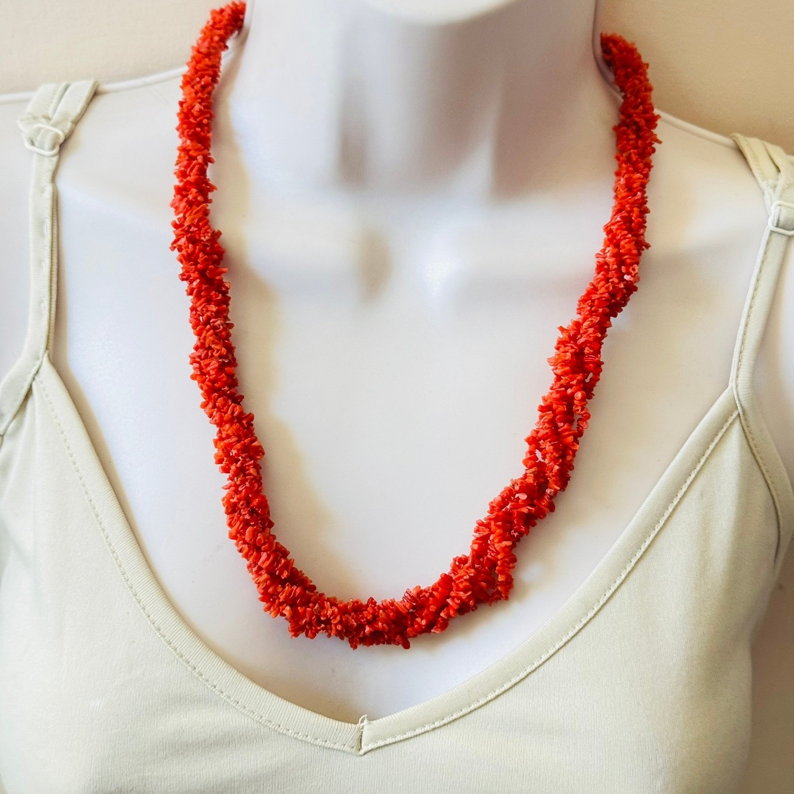 VTG Mediterranean Salmon Red Coral Natural Necklace Gold Filled Italy 22″ 58g