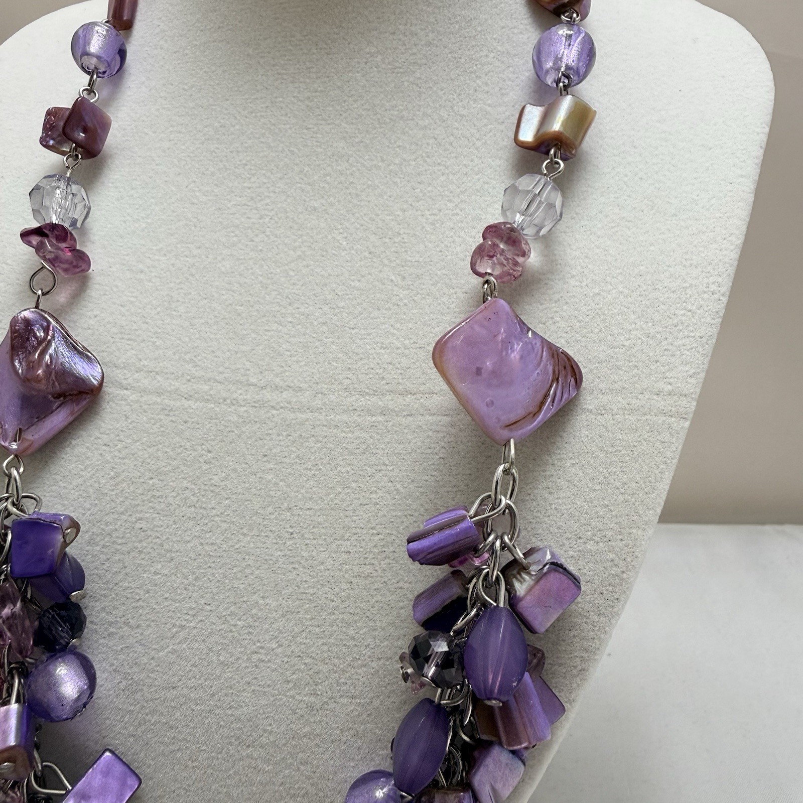 Vintage Purple Statement Necklace Chunky Bib Fringe Shell Glass Beaded Boho NEW
