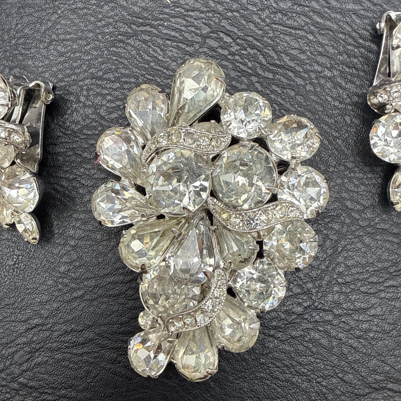 Vintage Eisenberg Ice Rhinestone Brooch and Clip On Earrings Set Signed