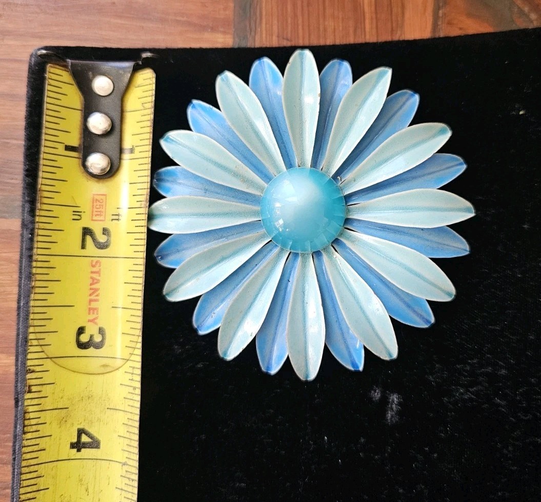 Mcm 3″ Brooch Blue Metal Enamel Flower Retro Daisy 3D Petals Statement Hippy