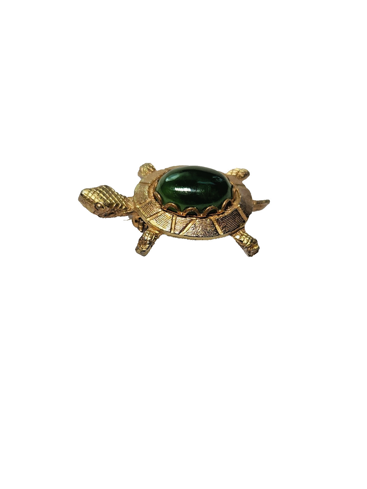 Vintage Unmarked Gold Tone Turtle Pin Real Green Stone Cabochon Tested