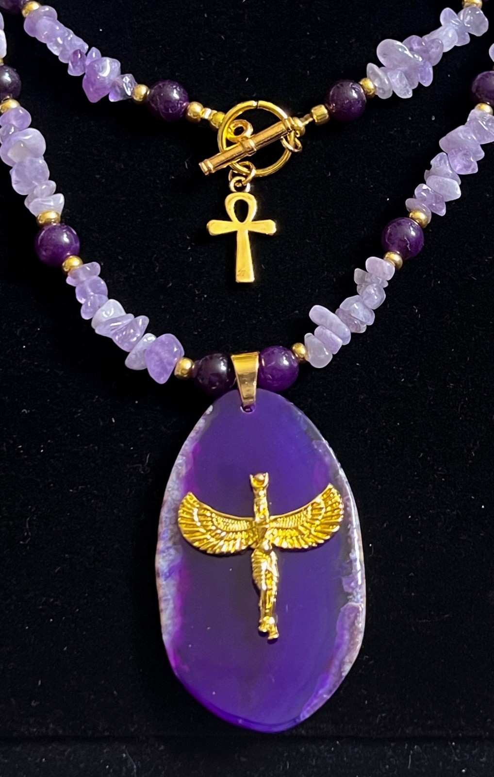 Artisan Necklace Egyptian Revival Goddess Pendant Amethyst Gemstone Beads