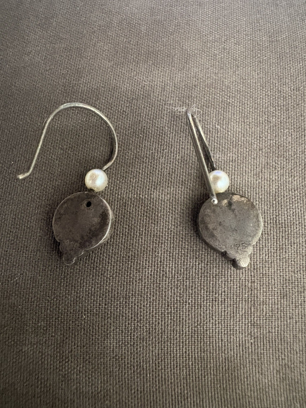 Vintage 925 Silver Dangle Earring Red Stone Faux Pearl Danity Silver Dot Bottom