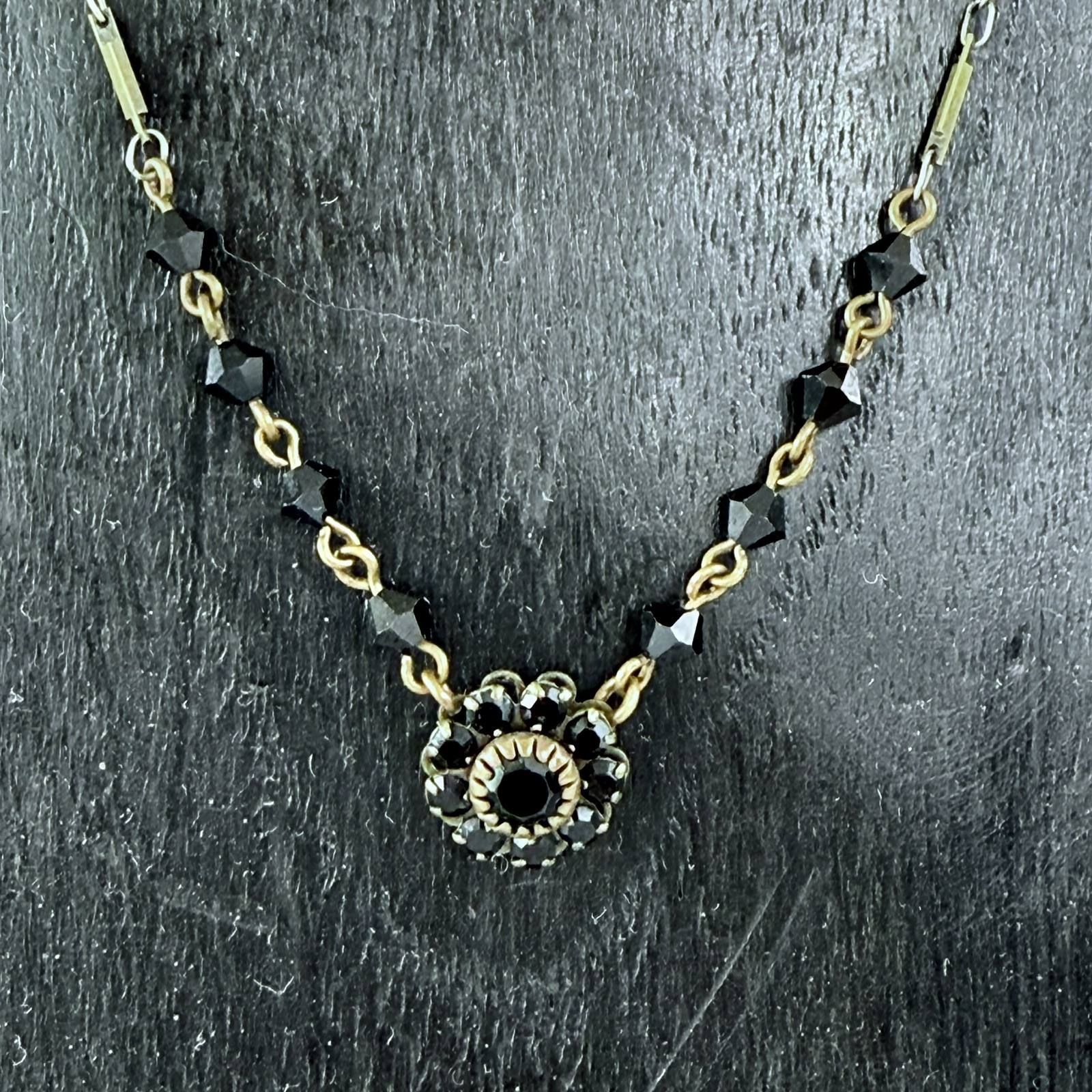 Vintage LIZ PALACIOS SF Dainty Black Rhinestones Gold Tone Bar Link Chain 16.5in