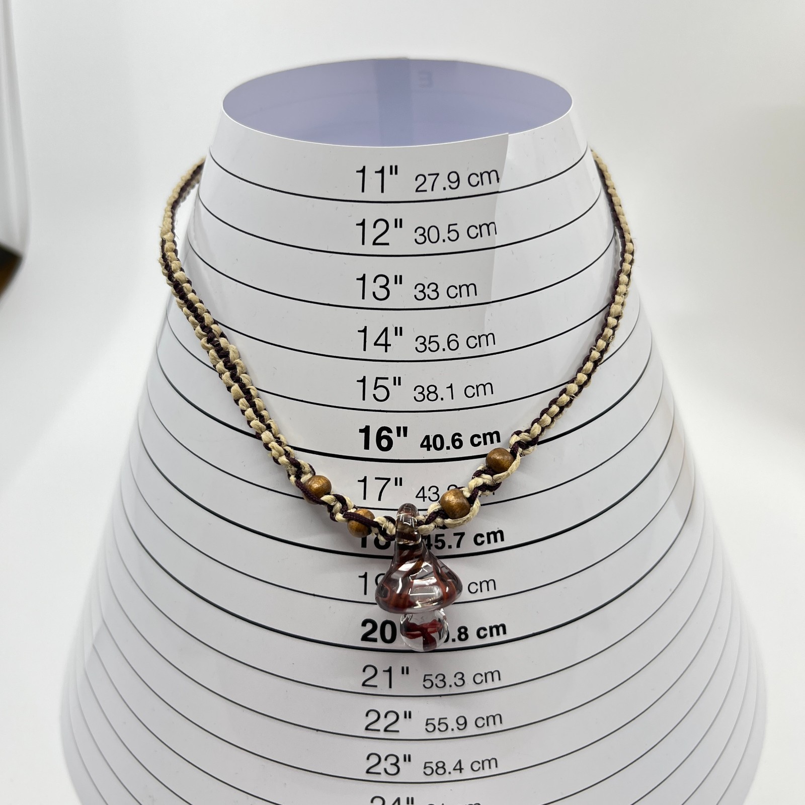 Vintage Retro Boho Hemp Choker Red Swirl Glass Mushroom Pendant Wooden Beads