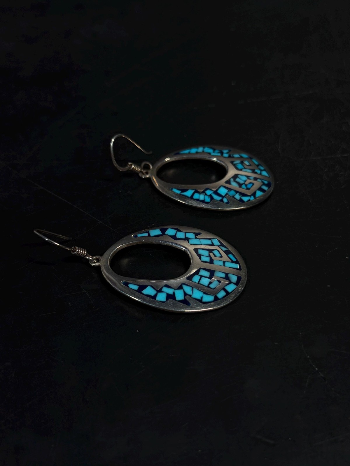Taxco Sterling Silver Turquoise Chip Inlay Dangle Earrings TC-29