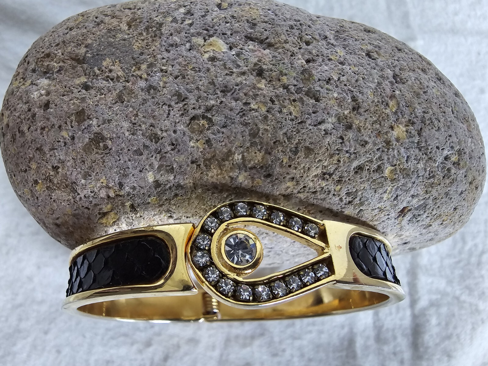 Goldtone Rhinestone Black Faux Leather Hinged Bracelet Oval Shaped 2.5″ x 2″
