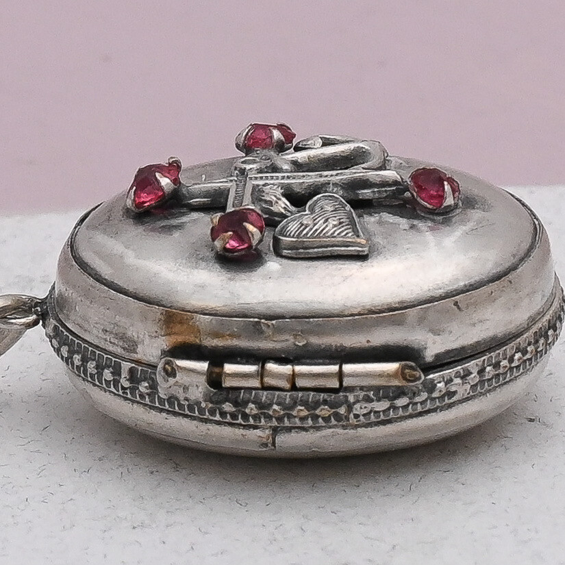Antique Victorian Heart Cross Anchor Pink Paste Silver Puffy Pendant Locket