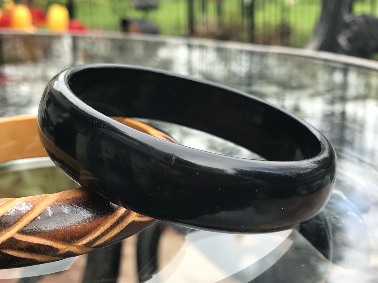 Vintage Bangles Mixed Pair, Lucite and Wood