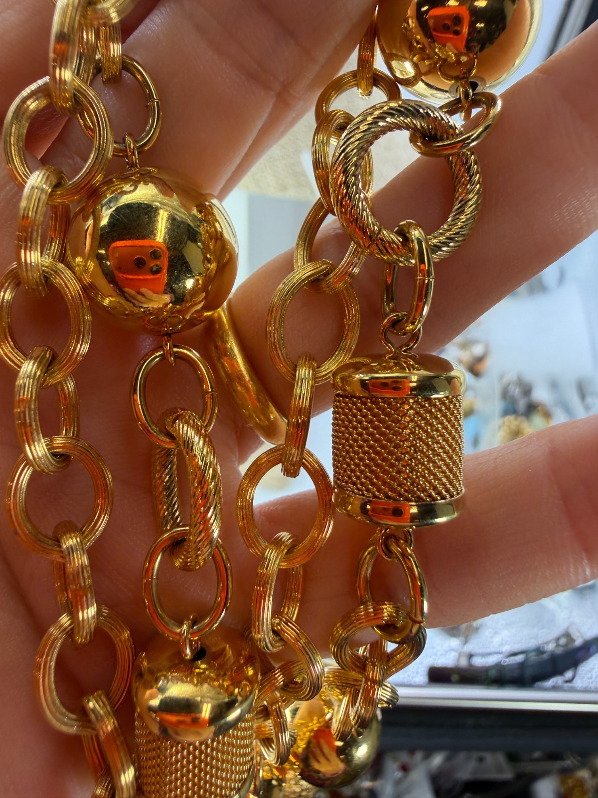 Vintage Necklace Monet Barrel Bead Goldtone Link Statement Chunky 36 in