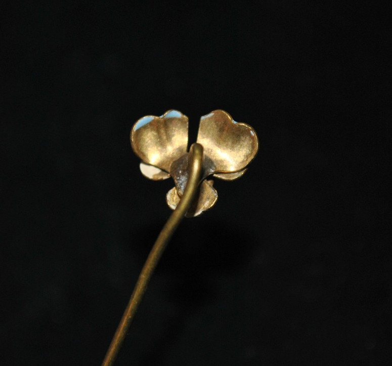 Antique Enamel Pansy Flower Brass Stick / Tie Pin with Faux Pearl victorian
