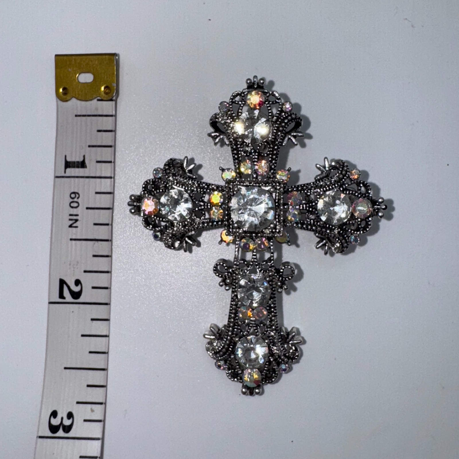 VTG Filigree Cross Brooch Pin Aurora Borealis Rhinestone Silver Tone Religious