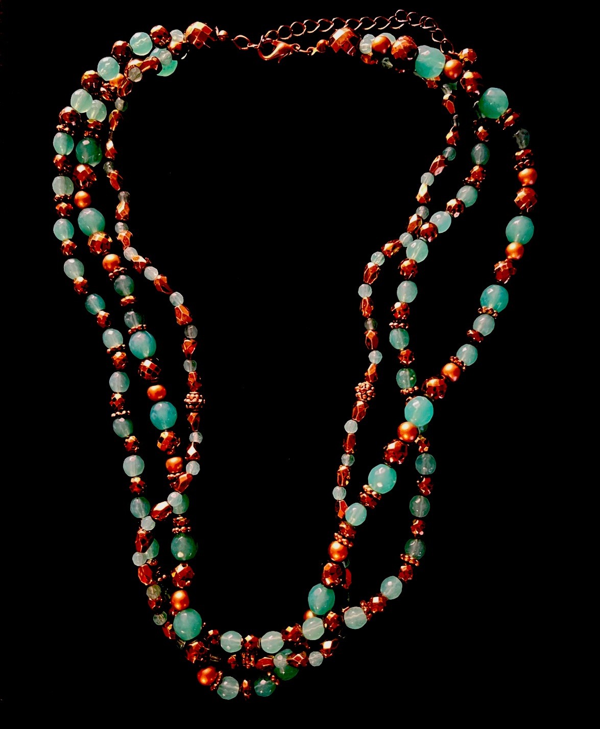 Vintage3 Strand Light Teal Blue Beads Copper Necklace 17” Length