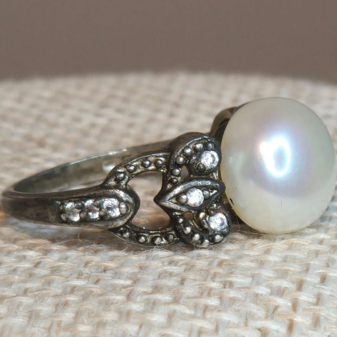 Vintage Sterling Silver Pearl Marcasite Ring Filigree Cocktail Statement size 6