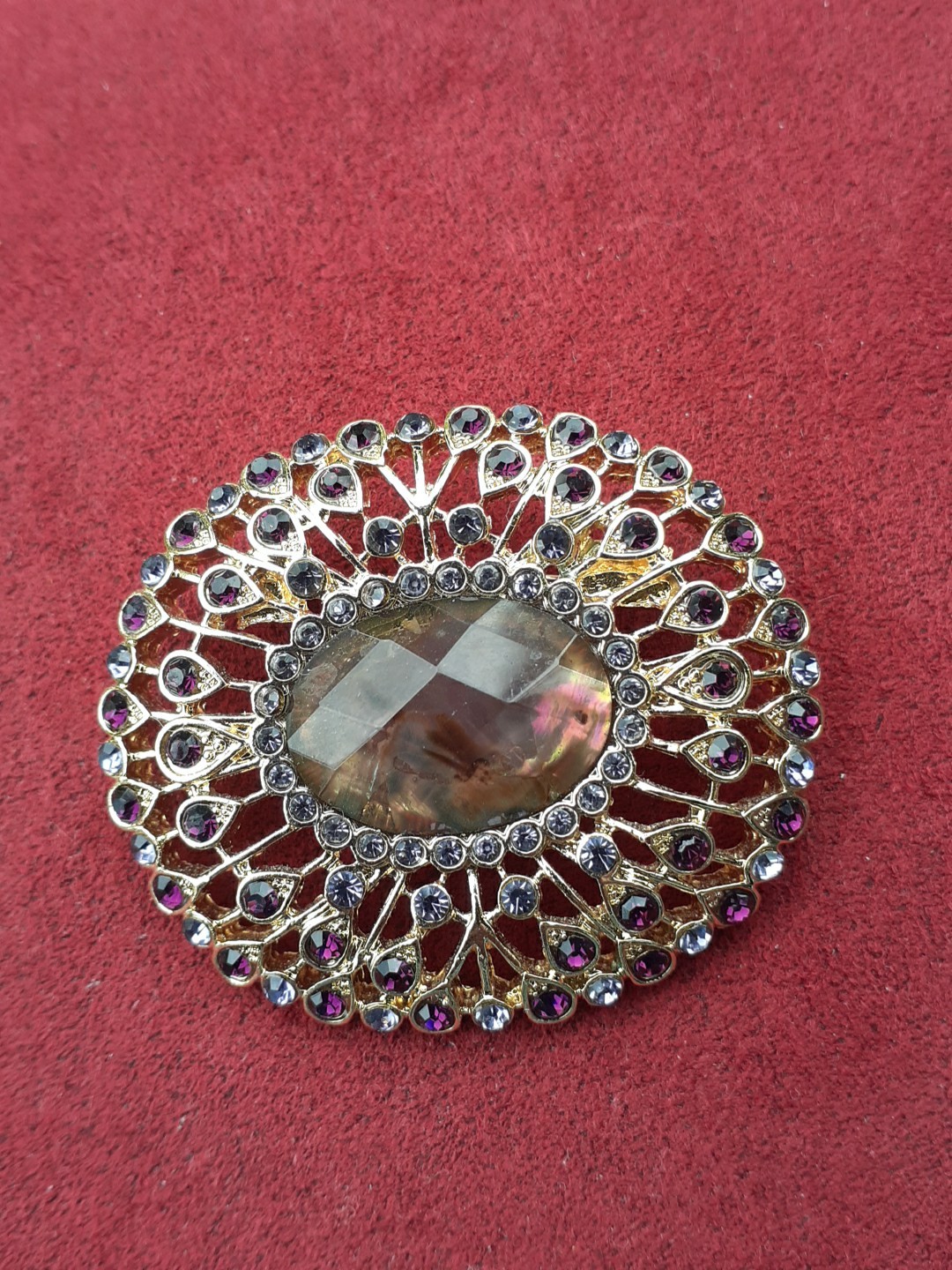 Napier Gold Tone Faux Abalone, Rhinestone Filigree Style Oval Brooch Signed