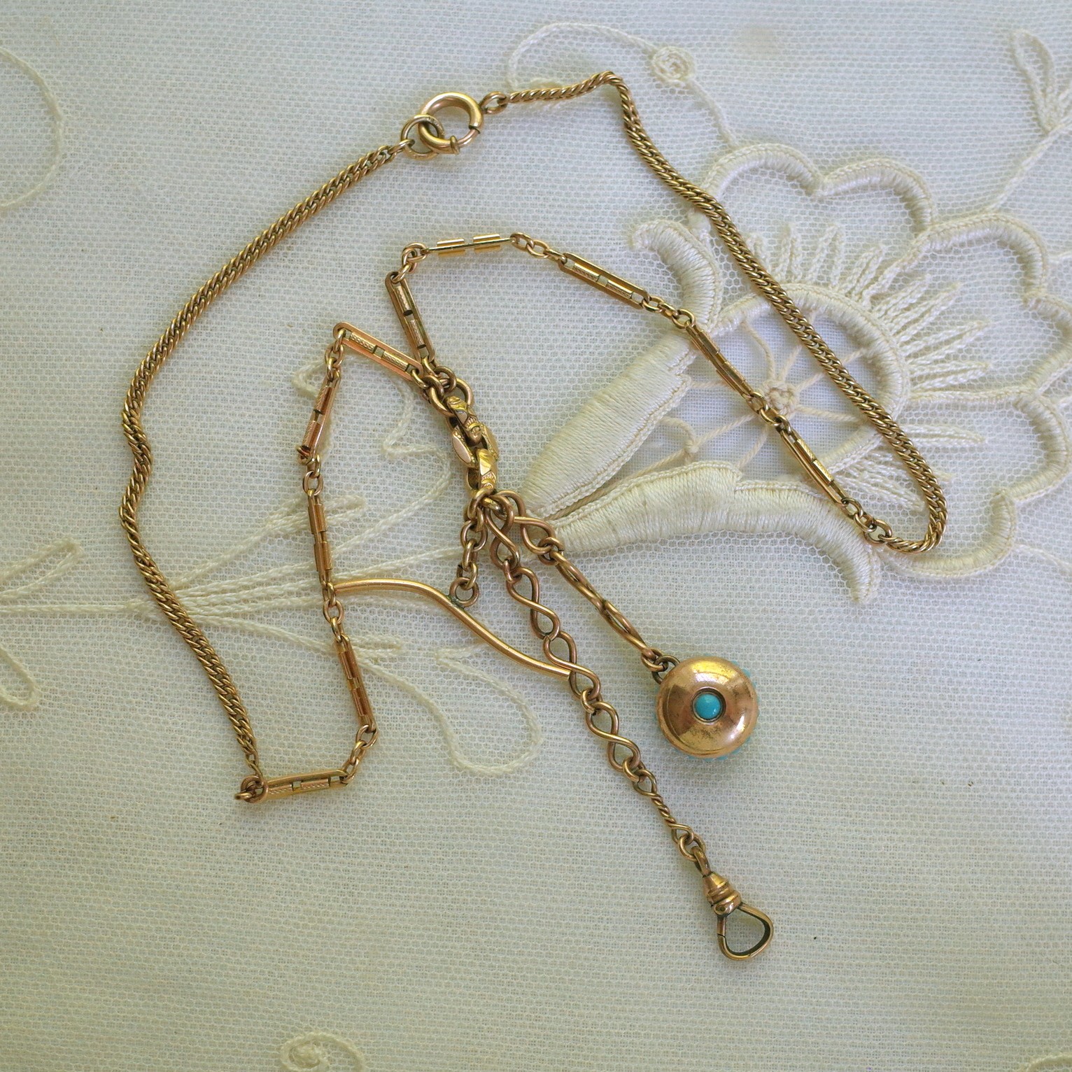 Antique Gold Filled Turquoise Watch Fob Necklace Bar & Link Chain Swivel Hook