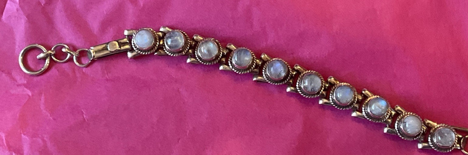 Vtg Mexican Sterling Silver Rainbow Moonstone Cabochon Rope Toggle Bracelet