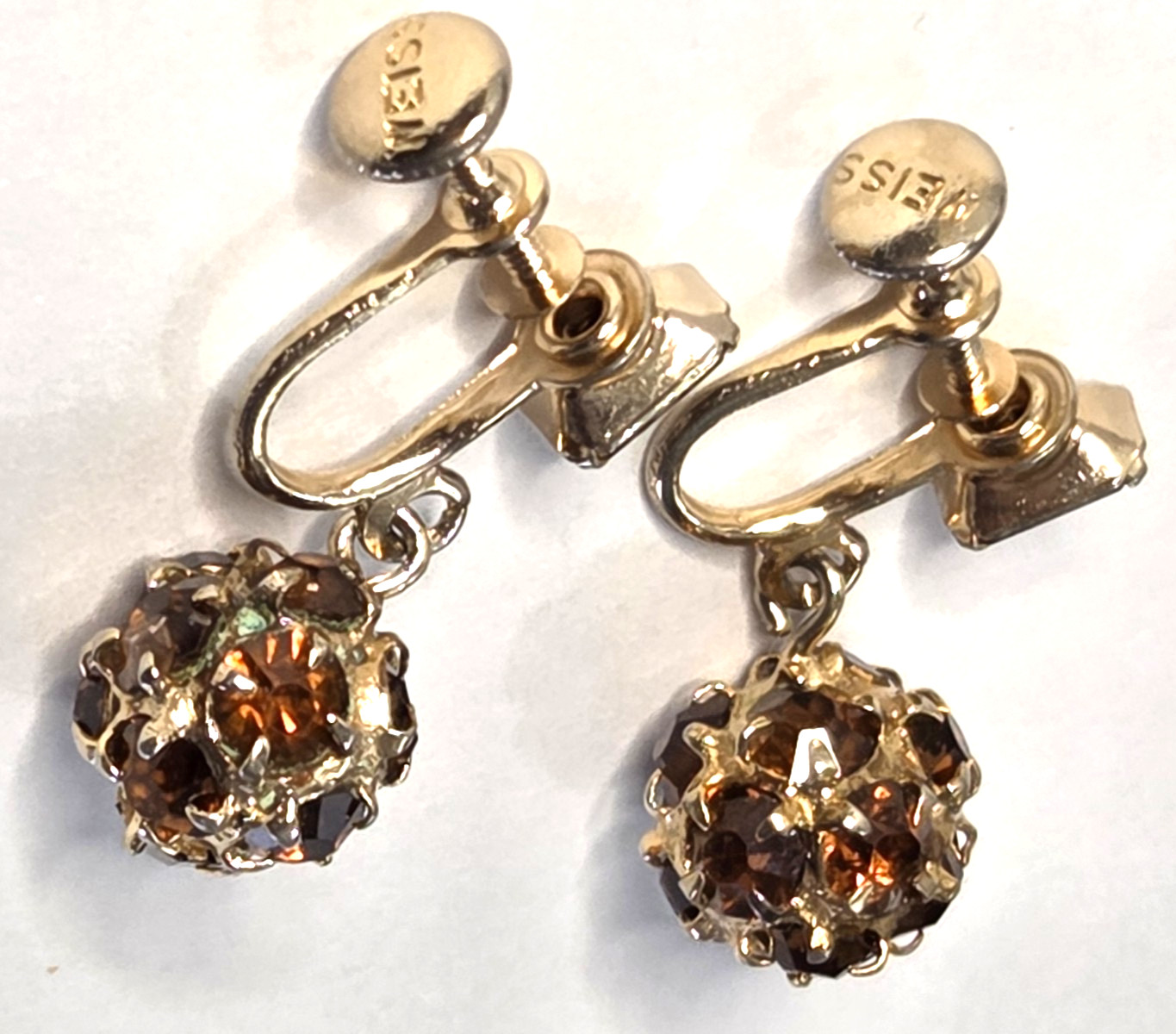 Vtg WEISS Topaz Color Rhinestone Ball Earrings Gold Tone SIGNED