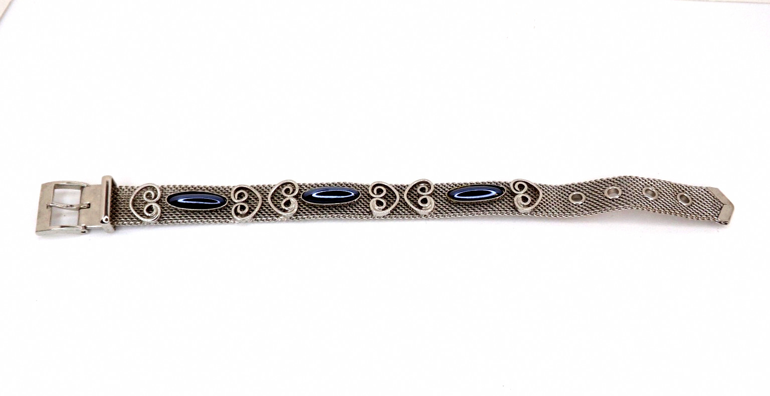 Vintage Mesh Silver Tone Belt Buckle Bracelet with Black Glass Stones, Jewelry