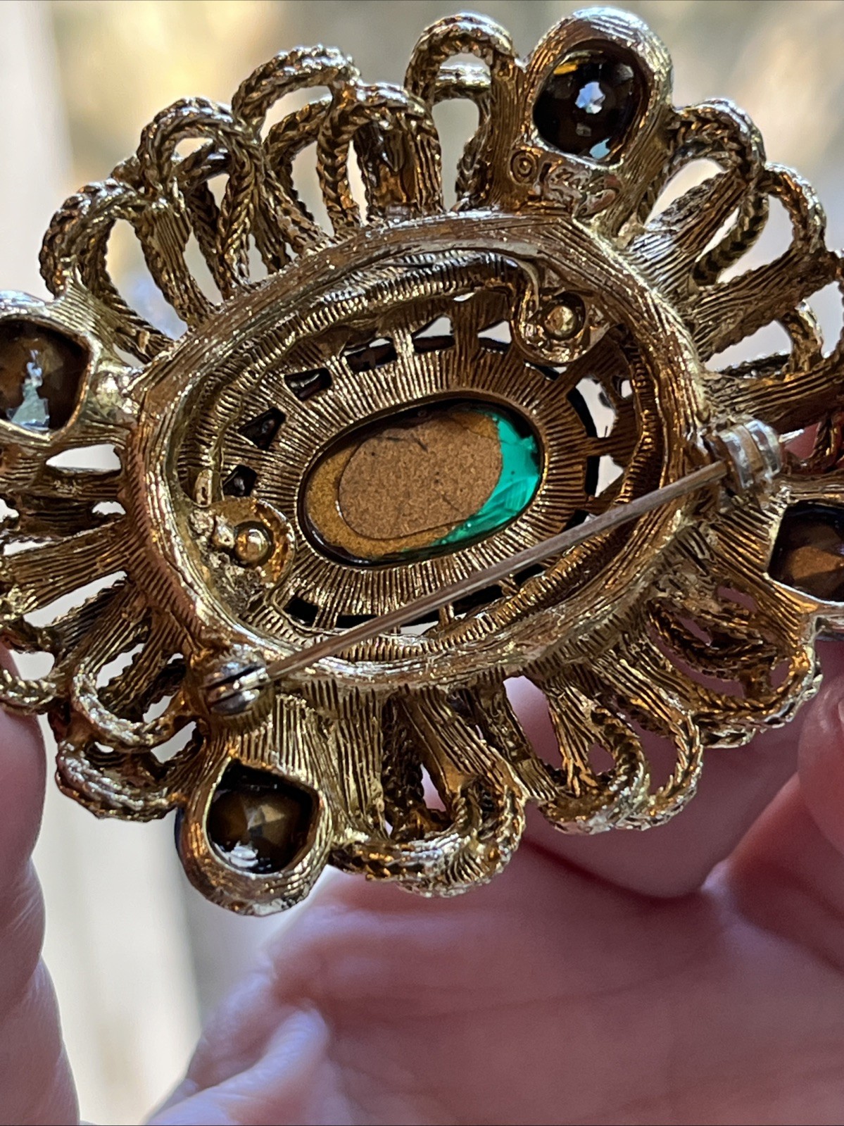 Vintage Capri Green Gripoix Glass Cabochon Blue Green Rhinestone Ornate Brooch