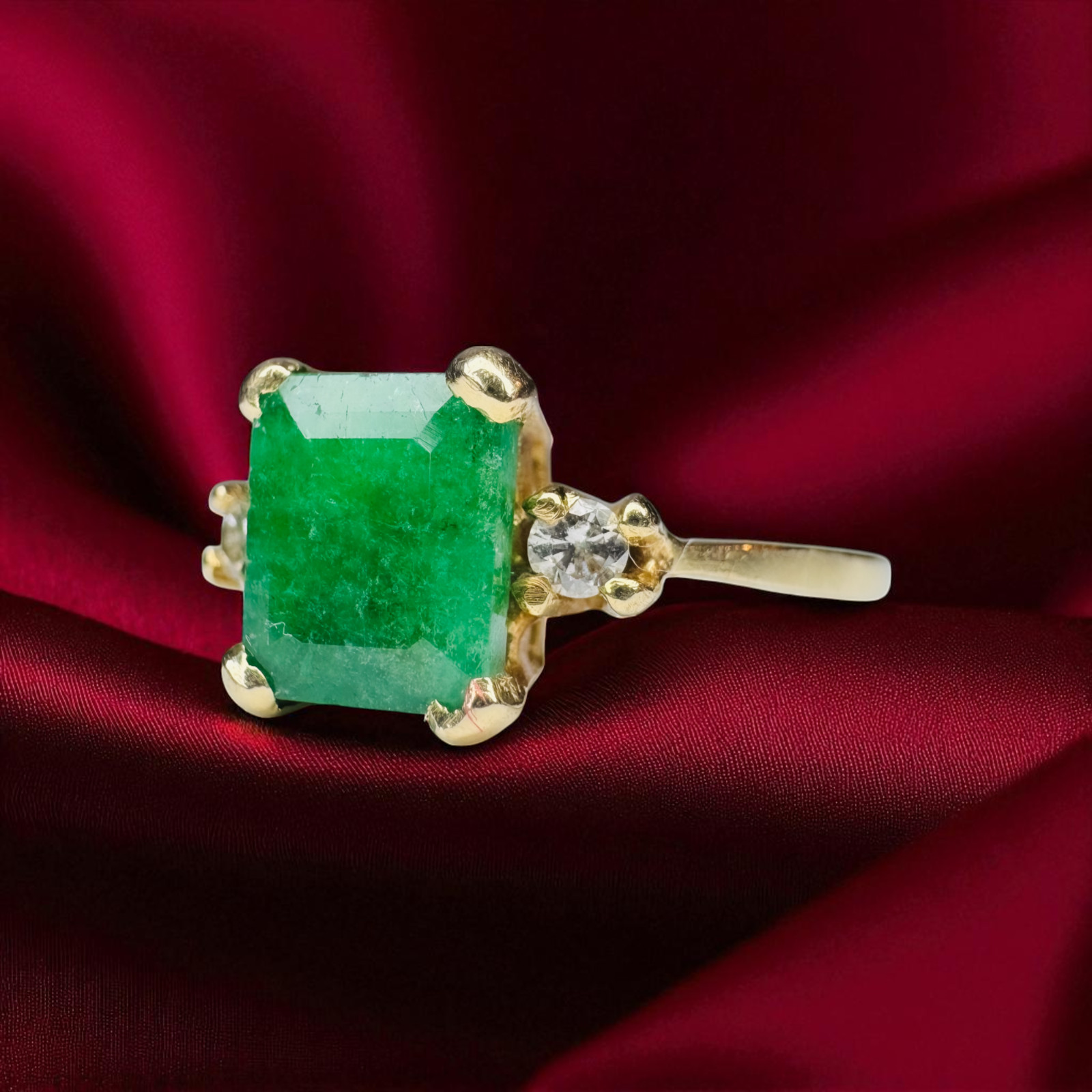 Natural Zambian Emerald & Diamond Ring 14K Gold Vintage 1.1CT Emerald Size 7