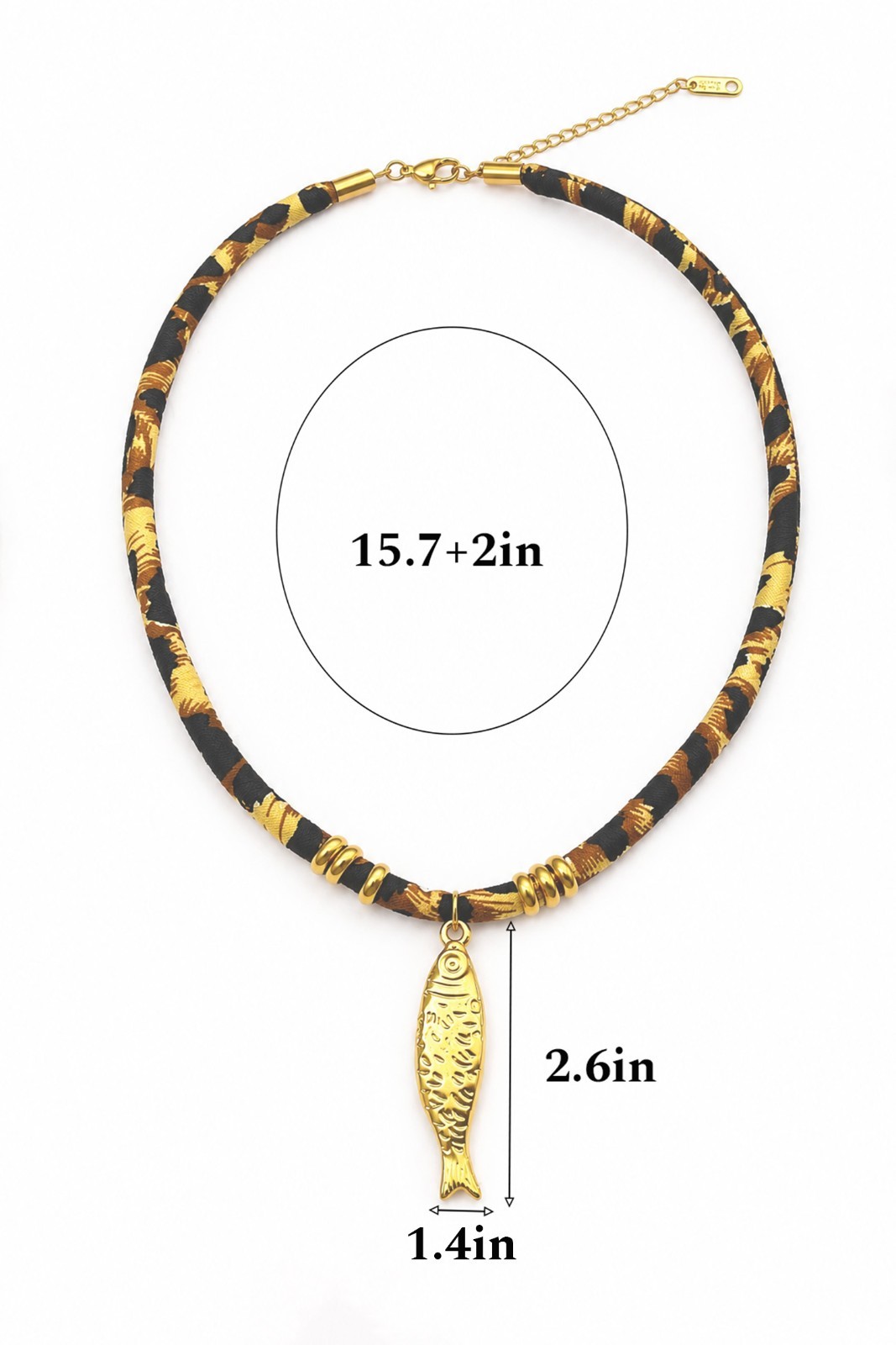 18K Gold Plated Fish Pendant Necklace Leopard Print Fabric Cord Choker Jewelry
